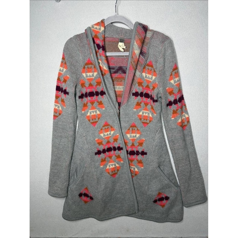 We The Free Gray Aztec Print Hooded Cardigan Wool Blend Zip Up Sweater XS